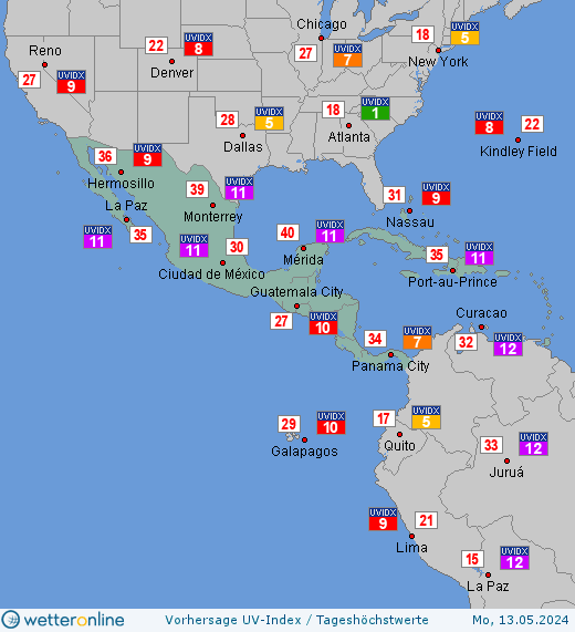 Mittelamerika: UV-Index-Vorhersage für Dienstag, den 23.04.2024
