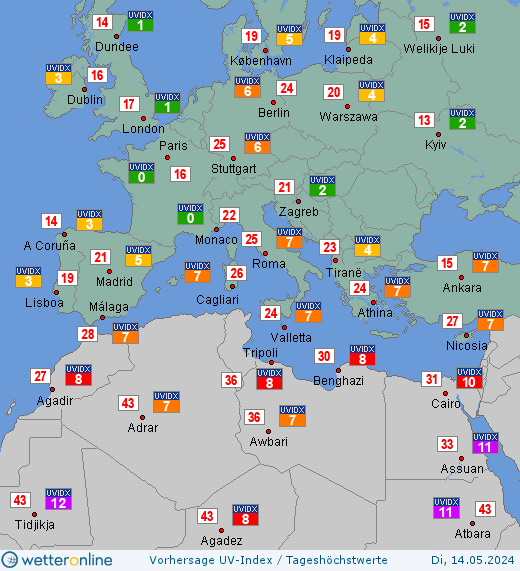 Südeuropa: UV-Index-Vorhersage für Mittwoch, den 24.04.2024