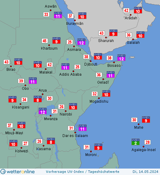 Ostafrika: UV-Index-Vorhersage für Mittwoch, den 24.04.2024
