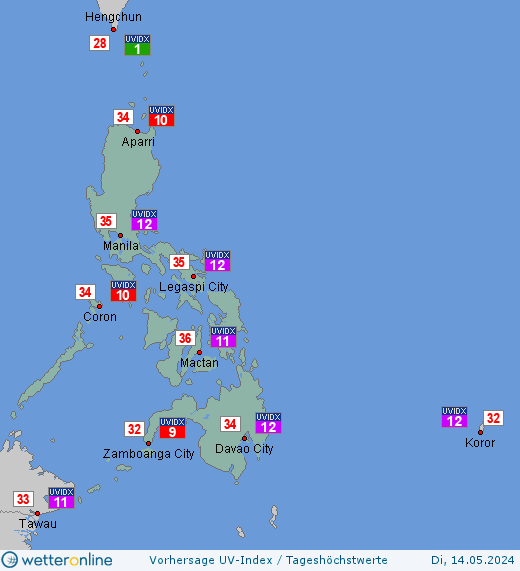Philippinen: UV-Index-Vorhersage für Mittwoch, den 24.04.2024