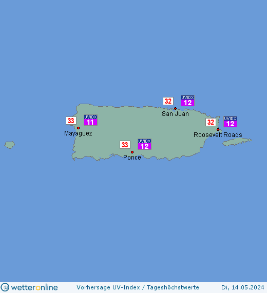 Puerto Rico: UV-Index-Vorhersage für Mittwoch, den 24.04.2024