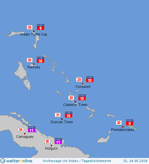 Turks- und Caicosinseln: UV-Index-Vorhersage für Mittwoch, den 24.04.2024