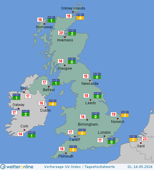 Vereinigtes Königreich: UV-Index-Vorhersage für Mittwoch, den 24.04.2024