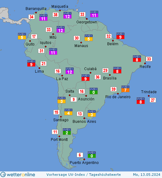 Südamerika: UV-Index-Vorhersage für Mittwoch, den 24.04.2024