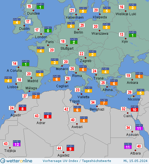 Südeuropa: UV-Index-Vorhersage für Donnerstag, den 25.04.2024