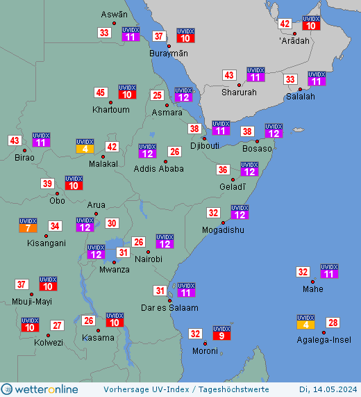 Ostafrika: UV-Index-Vorhersage für Donnerstag, den 25.04.2024