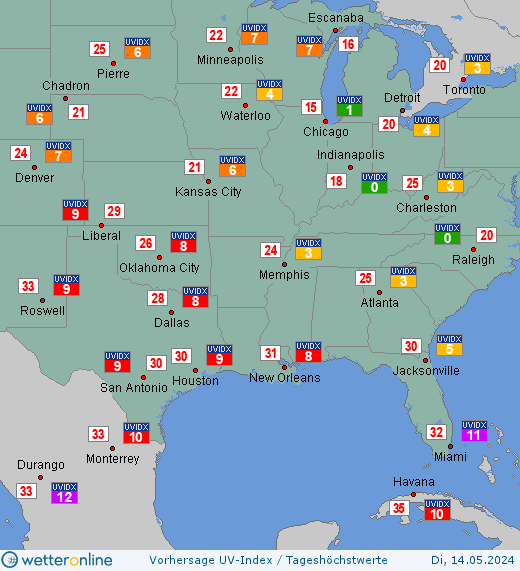 Südstaaten: UV-Index-Vorhersage für Donnerstag, den 25.04.2024