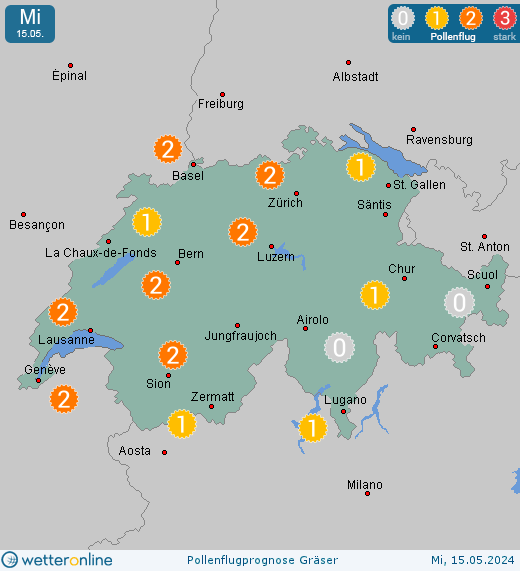 St. Moritz: Pollenflugvorhersage Gräser für Donnerstag, den 25.04.2024