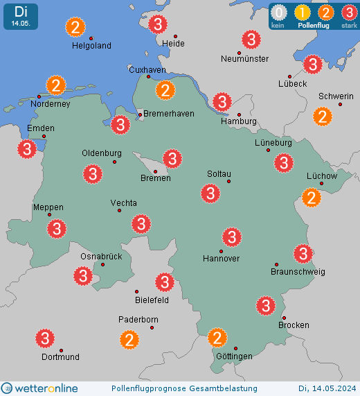 Niedersachsen: Pollenflugvorhersage Gesamtbelastung für Donnerstag, den 25.04.2024