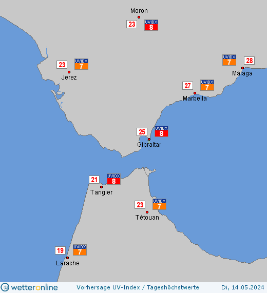Gibraltar: UV-Index-Vorhersage für Donnerstag, den 25.04.2024