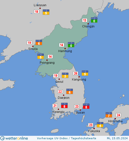 Nordkorea: UV-Index-Vorhersage für Donnerstag, den 25.04.2024