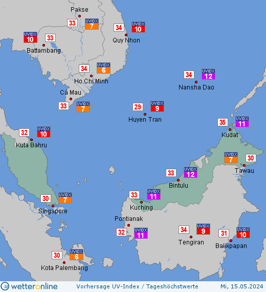 Malaysia: UV-Index-Vorhersage für Donnerstag, den 25.04.2024