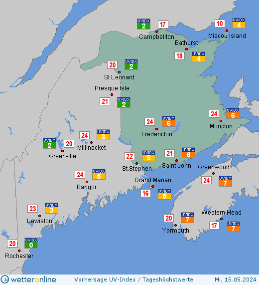 New Brunswick: UV-Index-Vorhersage für Donnerstag, den 25.04.2024