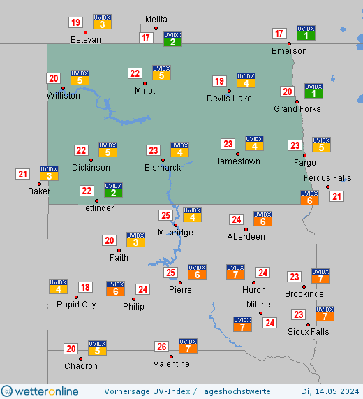 North Dakota: UV-Index-Vorhersage für Donnerstag, den 25.04.2024