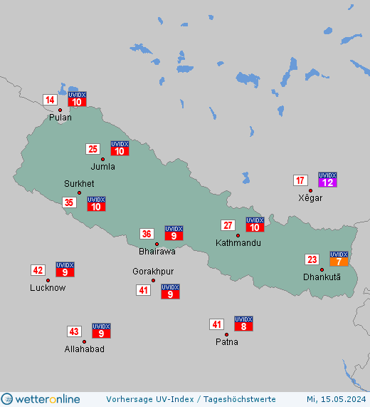 Nepal: UV-Index-Vorhersage für Donnerstag, den 25.04.2024