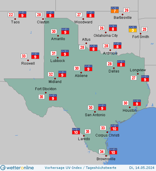 Texas: UV-Index-Vorhersage für Donnerstag, den 25.04.2024
