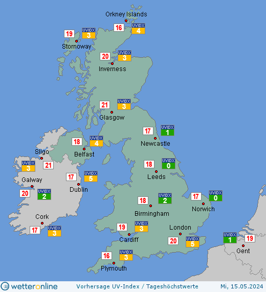 Vereinigtes Königreich: UV-Index-Vorhersage für Donnerstag, den 25.04.2024