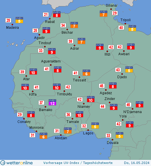 Westafrika: UV-Index-Vorhersage für Freitag, den 26.04.2024