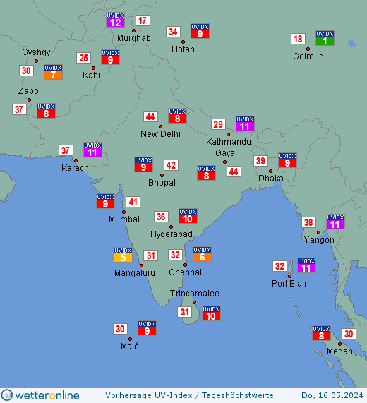 Südasien: UV-Index-Vorhersage für Freitag, den 26.04.2024
