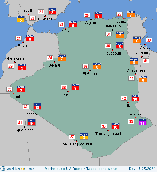 Algerien: UV-Index-Vorhersage für Freitag, den 26.04.2024