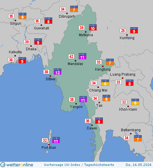 Myanmar: UV-Index-Vorhersage für Freitag, den 26.04.2024