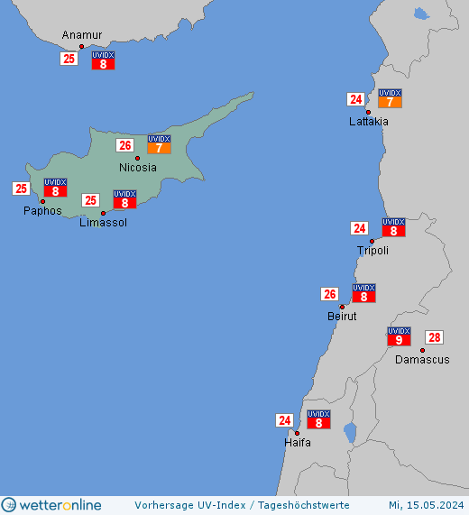 Zypern: UV-Index-Vorhersage für Freitag, den 26.04.2024