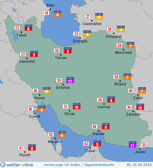 Iran: UV-Index-Vorhersage für Freitag, den 26.04.2024