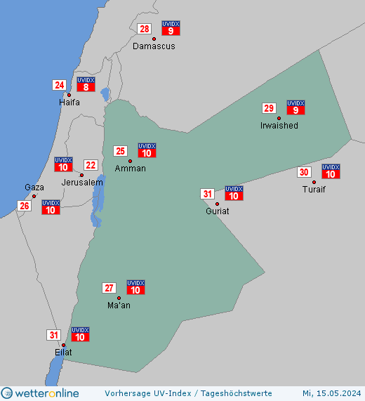Jordanien: UV-Index-Vorhersage für Freitag, den 26.04.2024