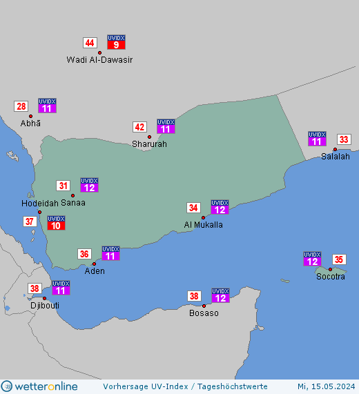 Jemen: UV-Index-Vorhersage für Freitag, den 26.04.2024