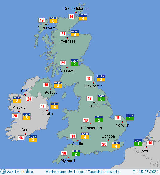Vereinigtes Königreich: UV-Index-Vorhersage für Freitag, den 26.04.2024