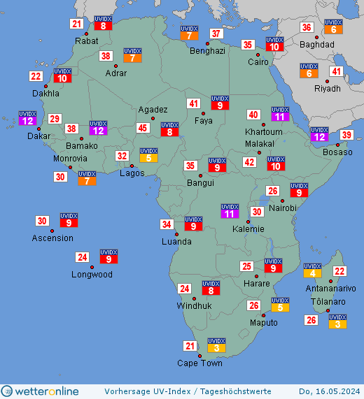Afrika: UV-Index-Vorhersage für Freitag, den 26.04.2024