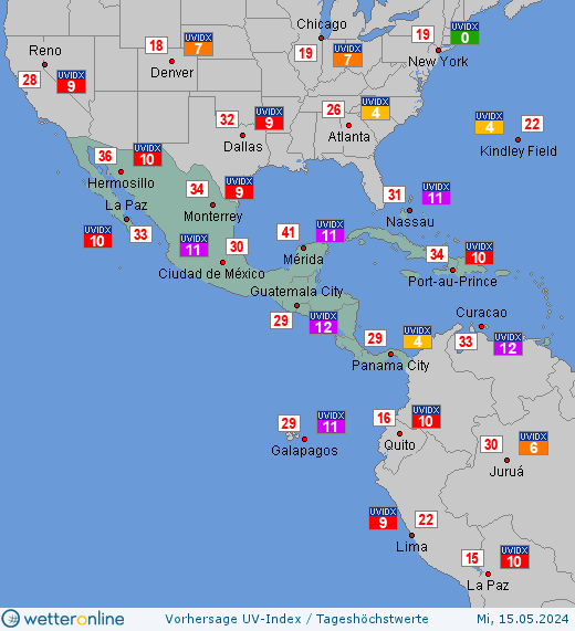 Mittelamerika: UV-Index-Vorhersage für Freitag, den 26.04.2024