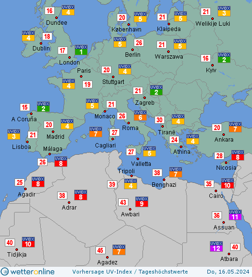 Südeuropa: UV-Index-Vorhersage für Samstag, den 27.04.2024