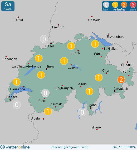Alt St. Johann: Pollenflugvorhersage Eiche für Samstag, den 27.04.2024