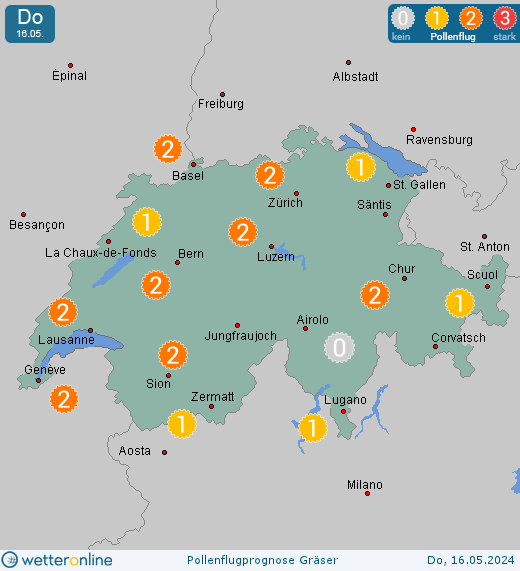 Schweiz: Pollenflugvorhersage Gräser für Samstag, den 27.04.2024