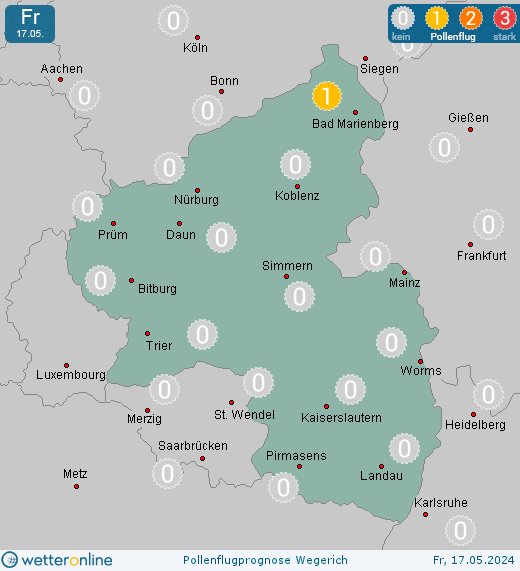 Westerwald (in 500m): Pollenflugvorhersage Wegerich für Samstag, den 27.04.2024