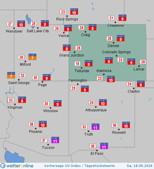 Colorado: UV-Index-Vorhersage für Samstag, den 27.04.2024