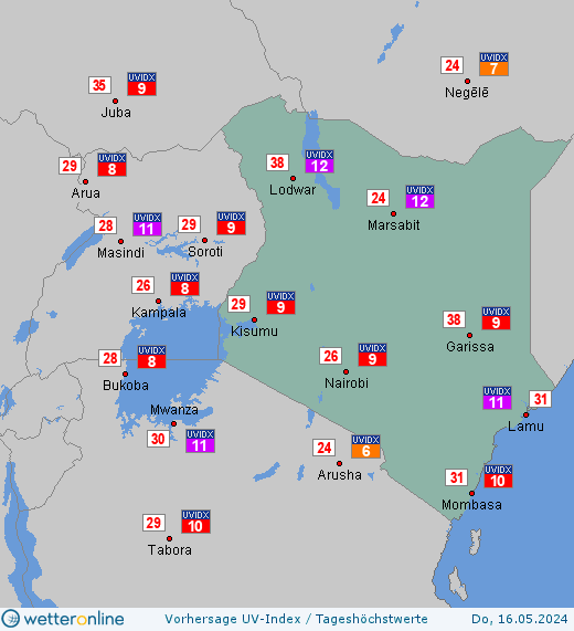 Kenia: UV-Index-Vorhersage für Samstag, den 27.04.2024