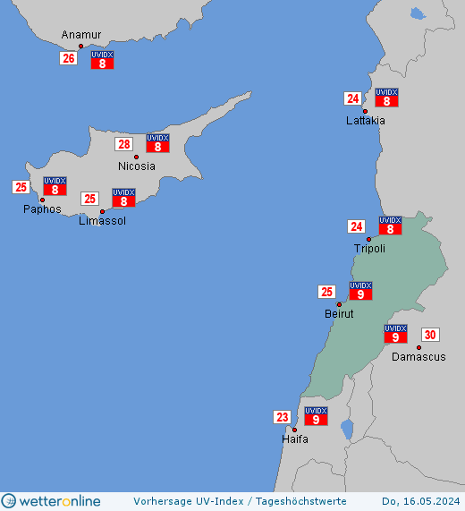 Libanon: UV-Index-Vorhersage für Samstag, den 27.04.2024