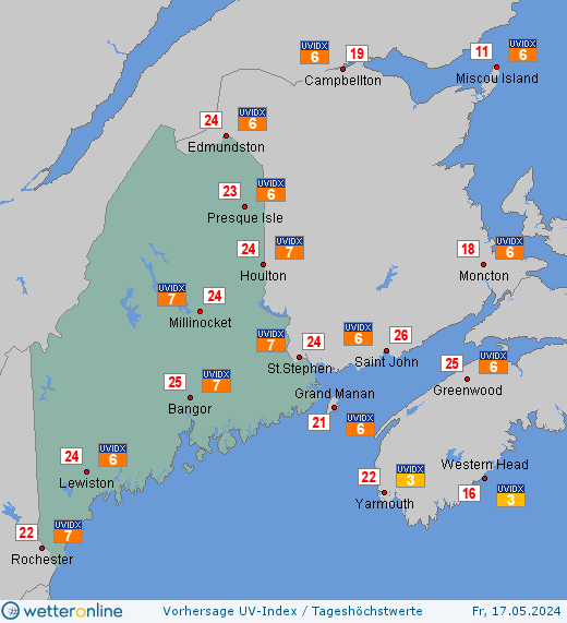 Maine: UV-Index-Vorhersage für Samstag, den 27.04.2024