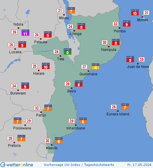 Mosambik: UV-Index-Vorhersage für Samstag, den 27.04.2024