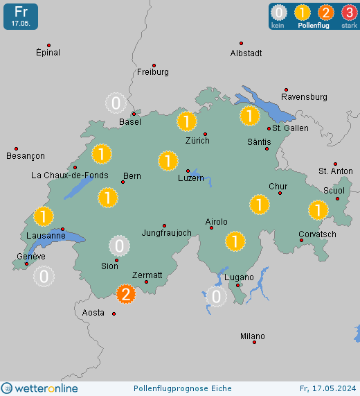 Schweiz: Pollenflugvorhersage Eiche für Samstag, den 27.04.2024