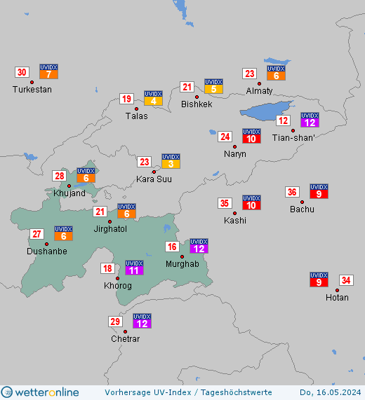 Tadschikistan: UV-Index-Vorhersage für Samstag, den 27.04.2024