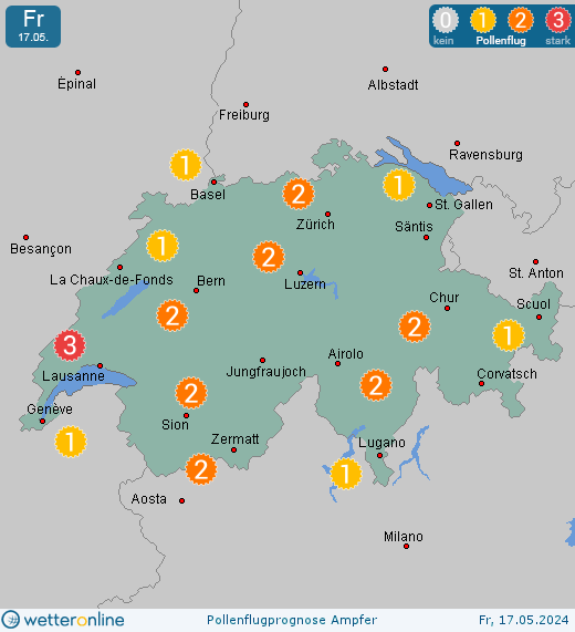 Zollikerberg Fächer: Pollenflugvorhersage Ampfer für Samstag, den 27.04.2024