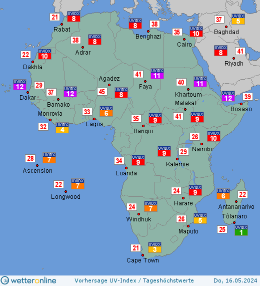 Afrika: UV-Index-Vorhersage für Samstag, den 27.04.2024