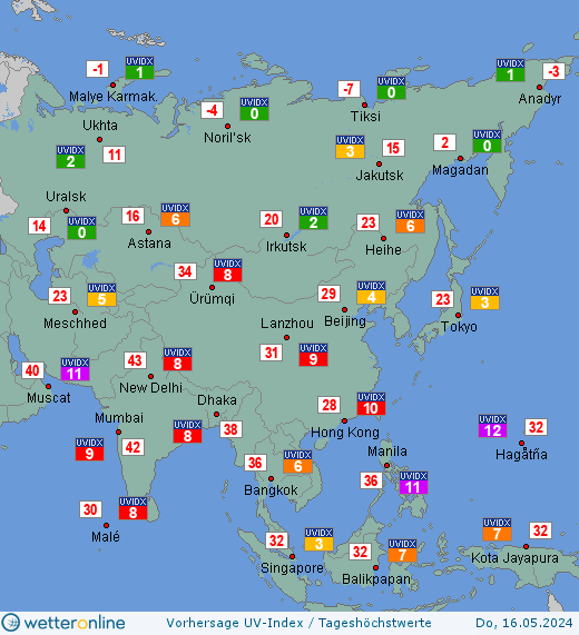 Asien: UV-Index-Vorhersage für Samstag, den 27.04.2024
