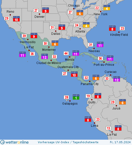 Mittelamerika: UV-Index-Vorhersage für Samstag, den 27.04.2024