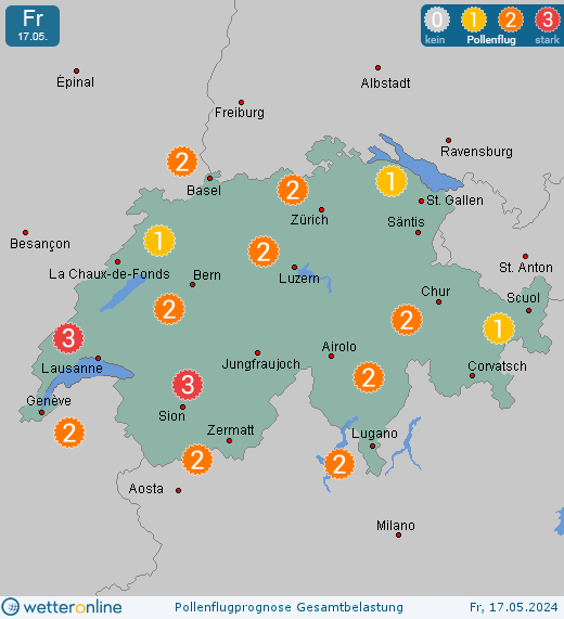Schweiz: Pollenflugvorhersage Gesamtbelastung für Samstag, den 27.04.2024
