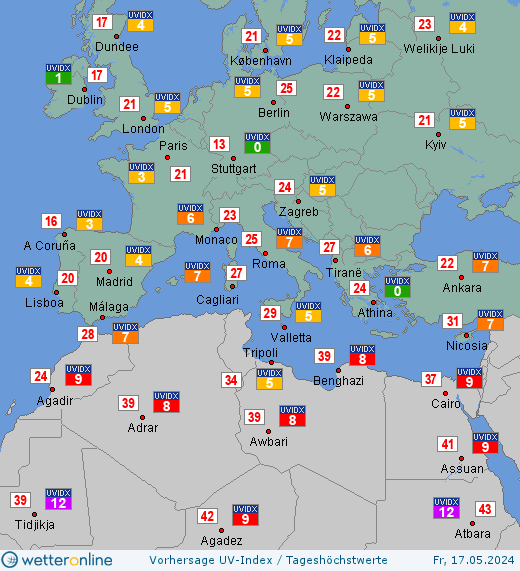 Südeuropa: UV-Index-Vorhersage für Sonntag, den 28.04.2024