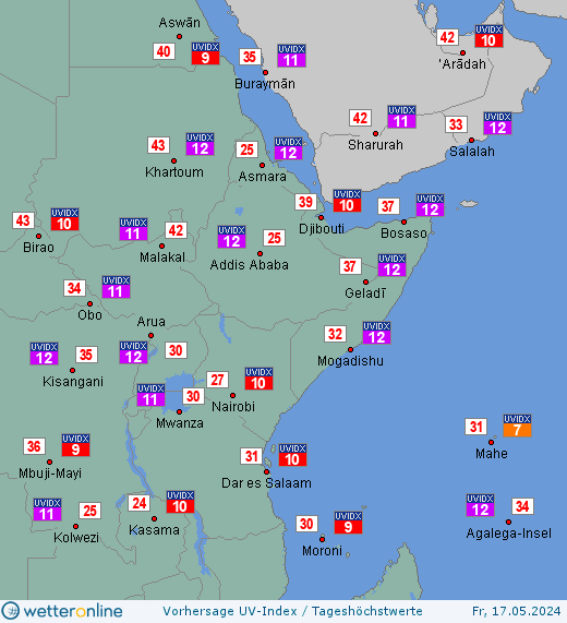 Ostafrika: UV-Index-Vorhersage für Sonntag, den 28.04.2024